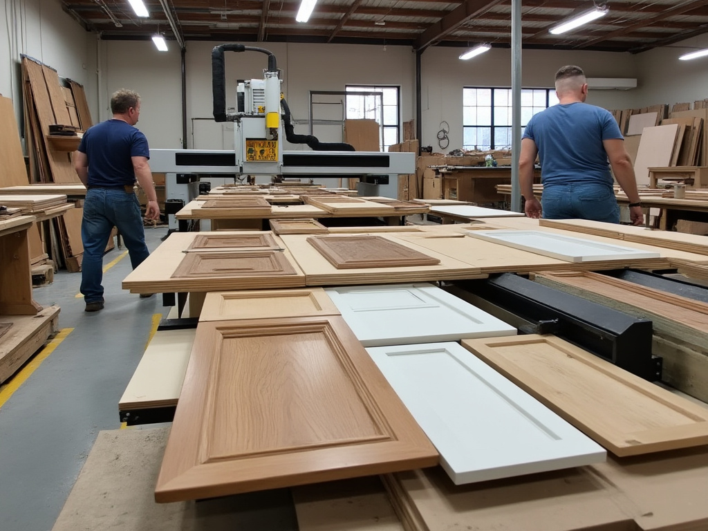 Interior of a custom cabinet making warehouse showing CNC machines cutting doors for cabinets, with workers assembling and finishing cabinet parts in the background.